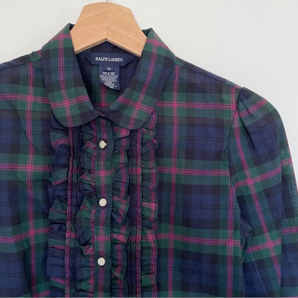 Ralph Lauren Girls Ruffle Navy Blue Plaid Long Sleeve Blouse Shirt 10 - Picture 3 of 9